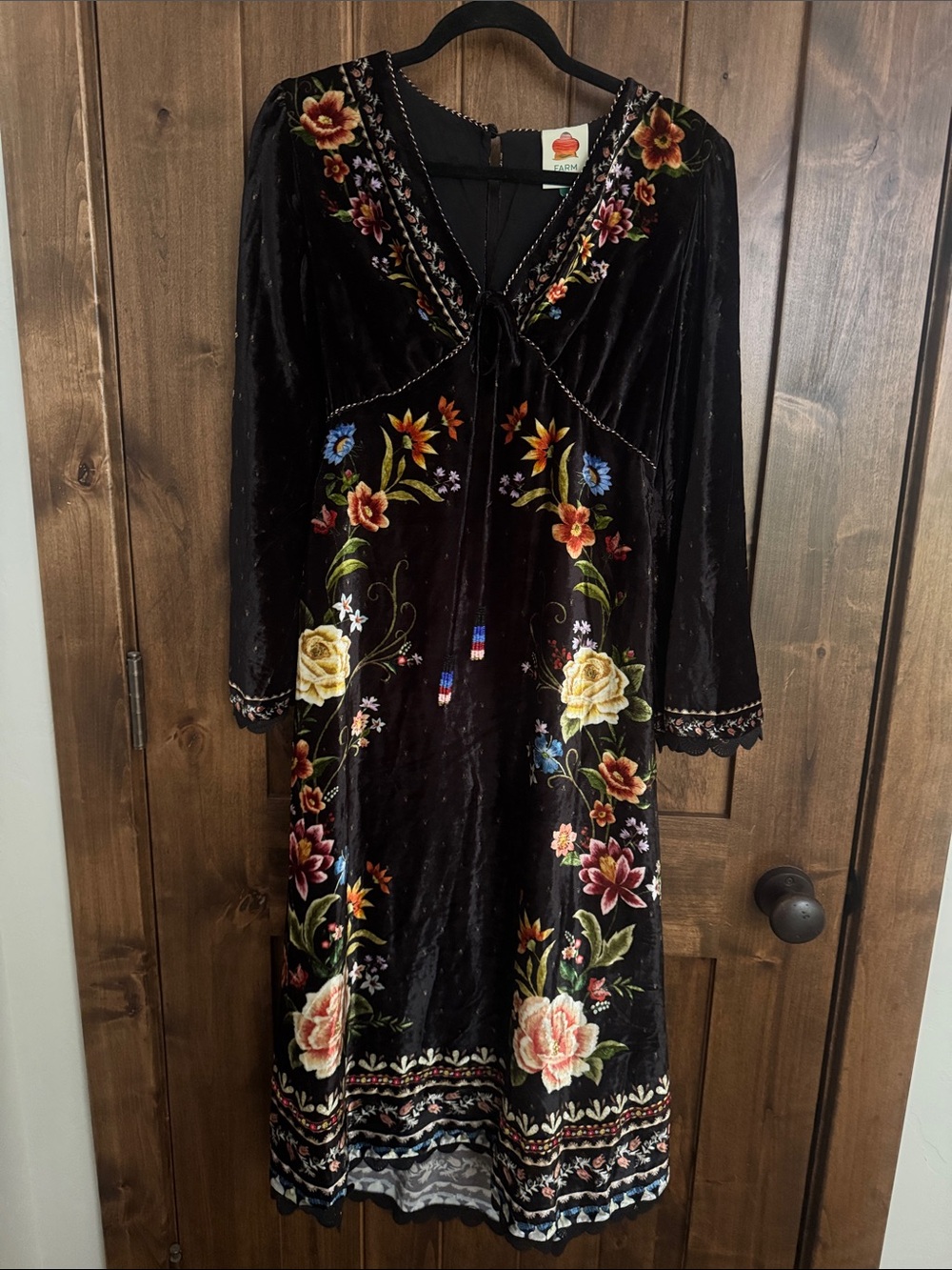 Farm Rio Velvet Floral Embroidered Maxi Dress in Black